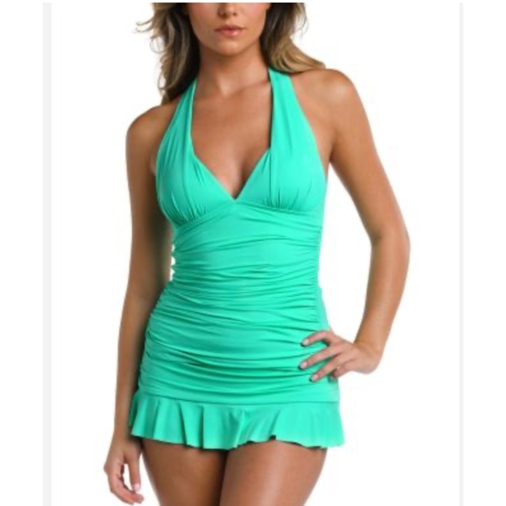 La Blanca Bathing Suit Island Halter Ruched Tankini Top & Ruffle Swim Skirt M/8